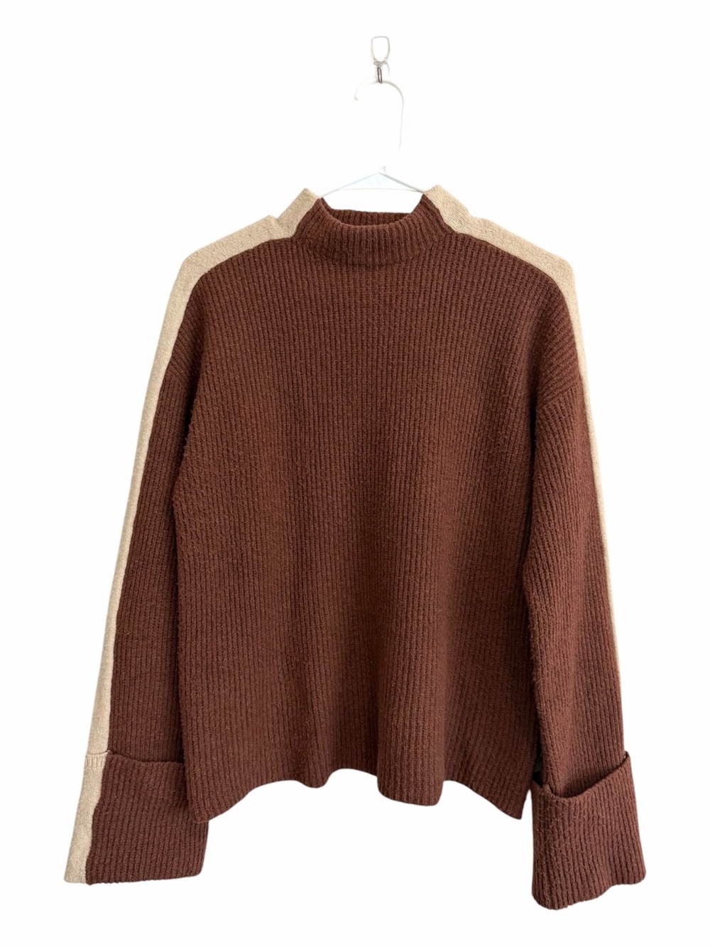 Design365 Brown and Beige Mock Neck Contrast-Trim Colorblock Sweater Size Small